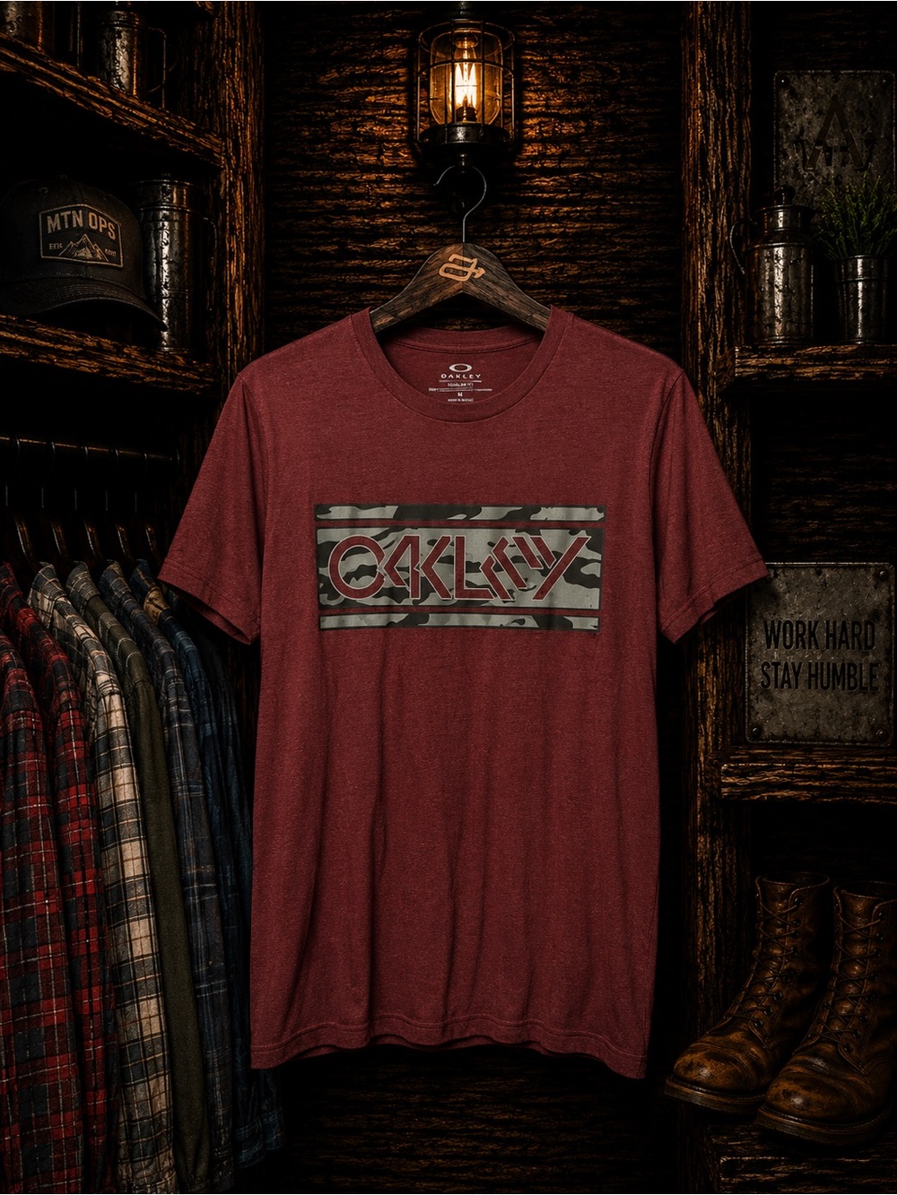 Oakley Men's Medium Maroon Camo Logo Crew Neck T-Shirt
